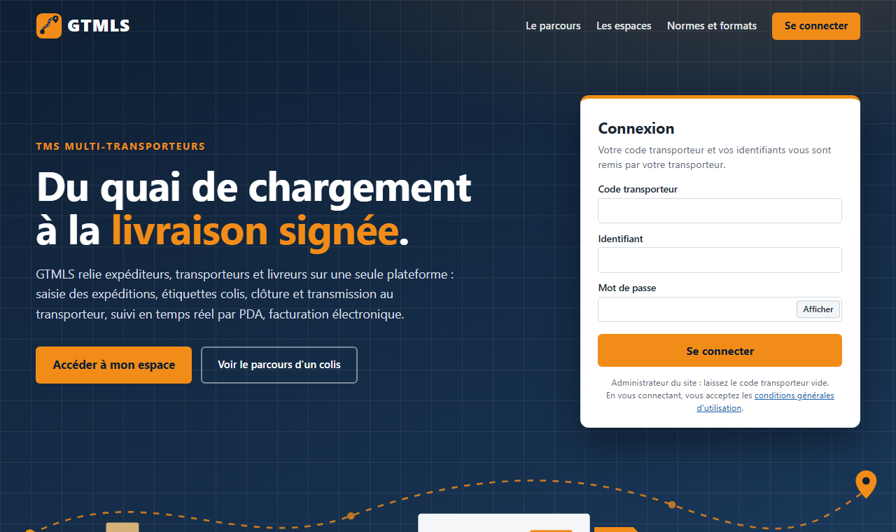 La page d'accueil de GTMLS et son formulaire de connexion.
