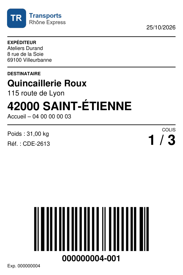 Une étiquette colis : destinataire en gros caractères, numéro du colis (1 / 3) et code-barres unique.