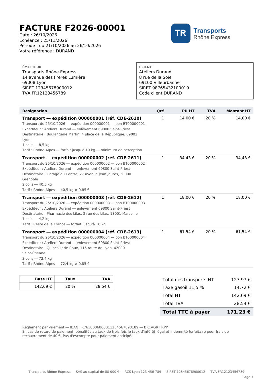 La facture Factur-X : détail de chaque transport et taxe gasoil en pied.