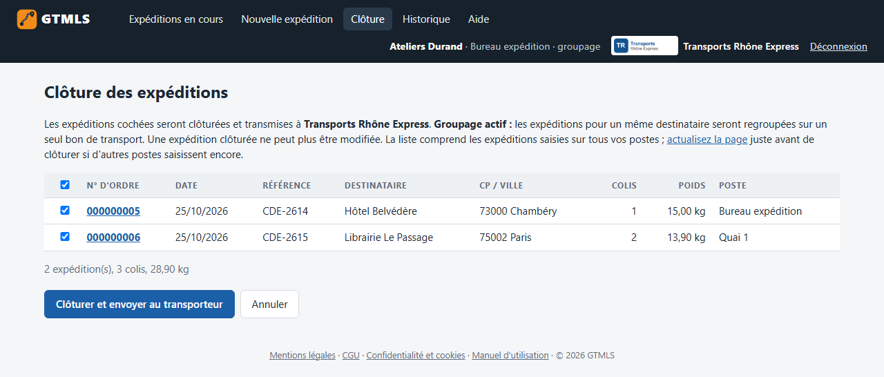 La page de clôture : toutes les expéditions en cours, cochées par défaut.