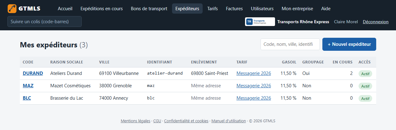 La liste des expéditeurs.