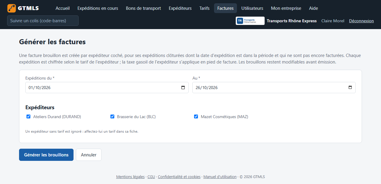 La génération des factures sur une période.