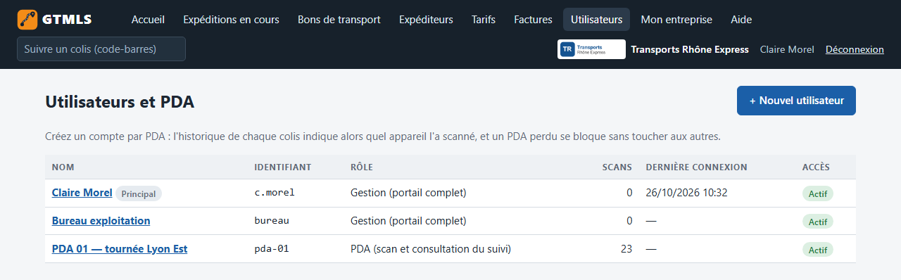 Les utilisateurs : compte principal, bureau et PDA.